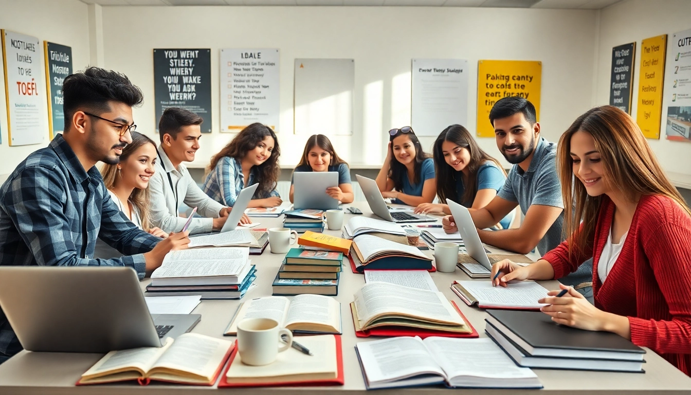 Group studying for TOEFL exam using toefl expert help in a bright classroom.