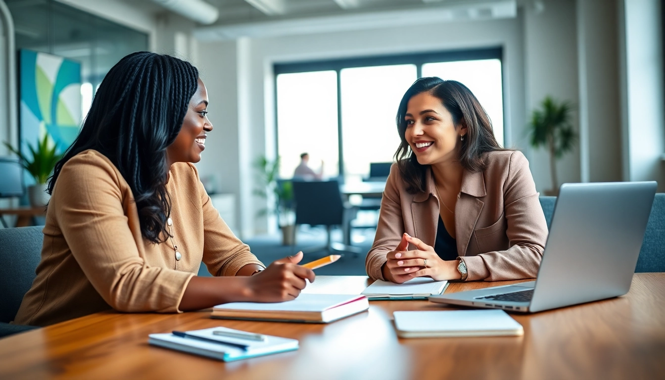 Engaging career coaching session with a diverse coach and client fostering inspiration and empowerment.