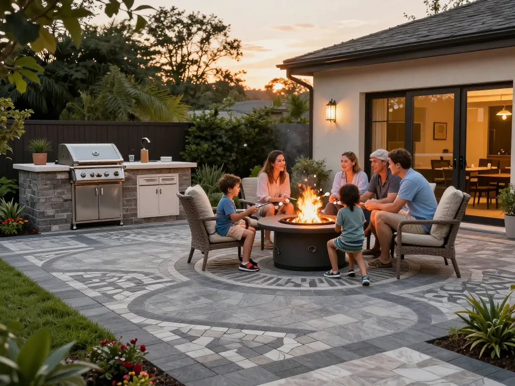 Paver contractors near me transforming outdoor spaces into elegant family retreats with beautifully designed patios and fire pits.