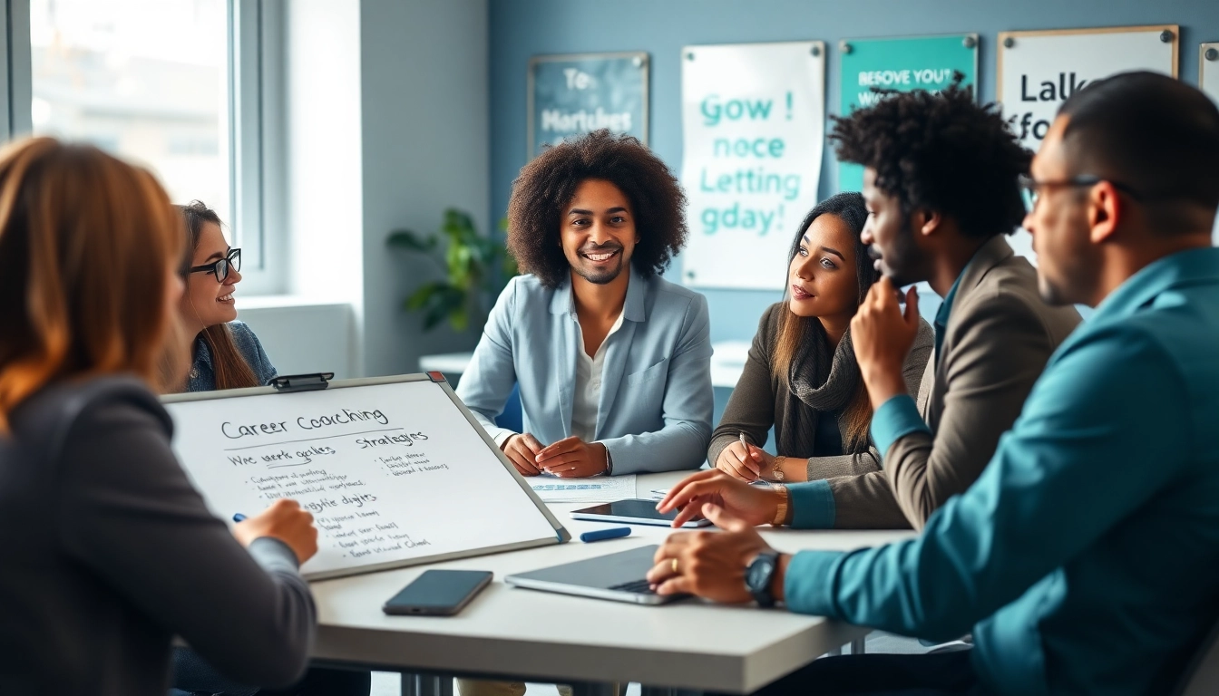 Engaging career coaching session with diverse individuals in a collaborative office atmosphere.