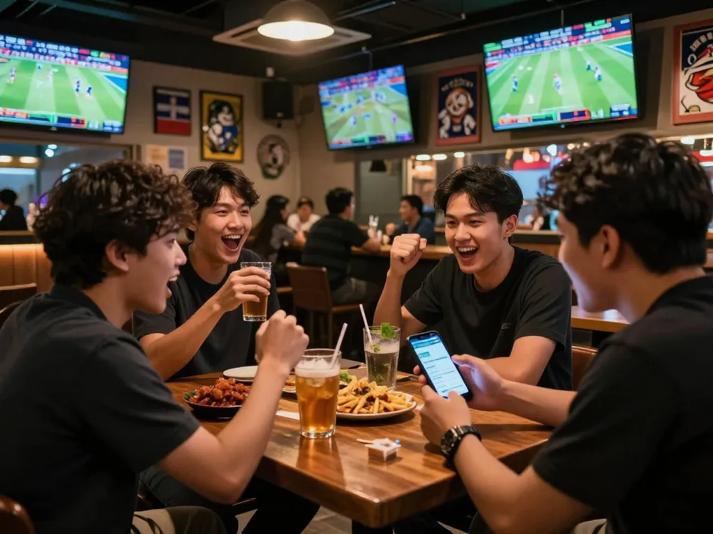 Penggemar olahraga yang terlibat berstrategi untuk bertaruh pada Judi Bola Terpercaya di bar olahraga yang ramai.
