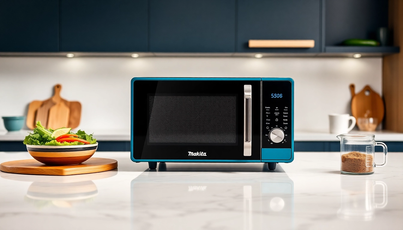 Utilize the Makita MW001GZ microwave for versatile cooking in a modern kitchen.