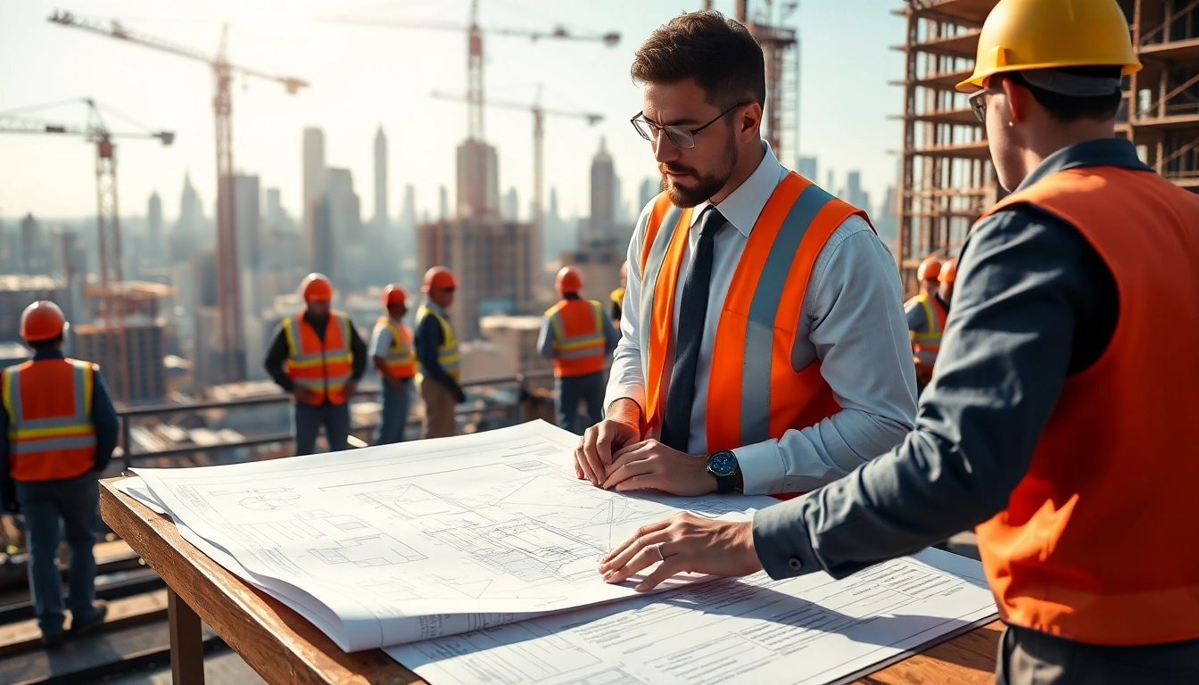 New York Construction Manager collaborating with workers at a dynamic construction site amidst an urban skyline.