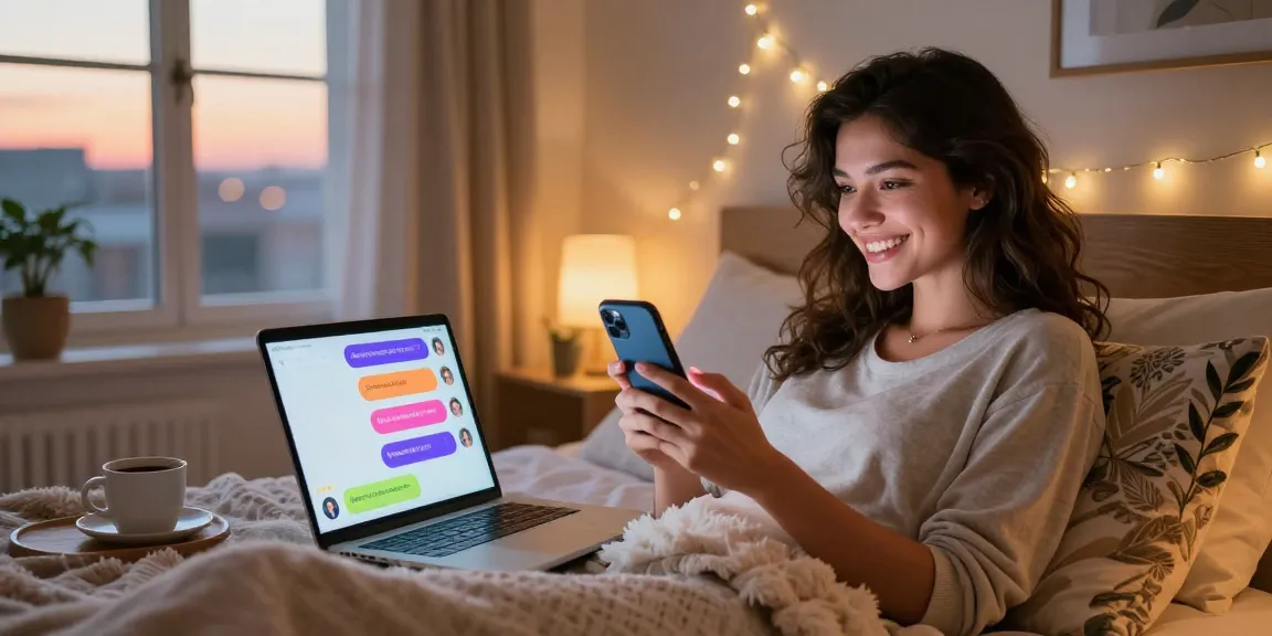 Engaging in sexting AI chat in a cozy bedroom with a smartphone and laptop, highlighting a playful atmosphere.