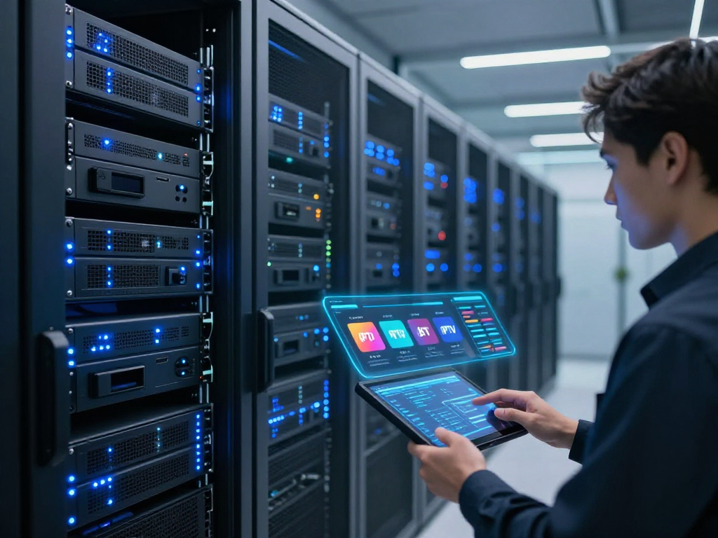 IPTV reseller technology setup showcasing advanced digital streaming solutions with robust server infrastructure.