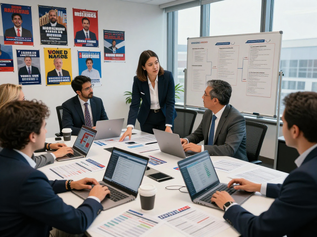 Campaign management pricing strategy meeting with team analyzing voter data in a dynamic office.
