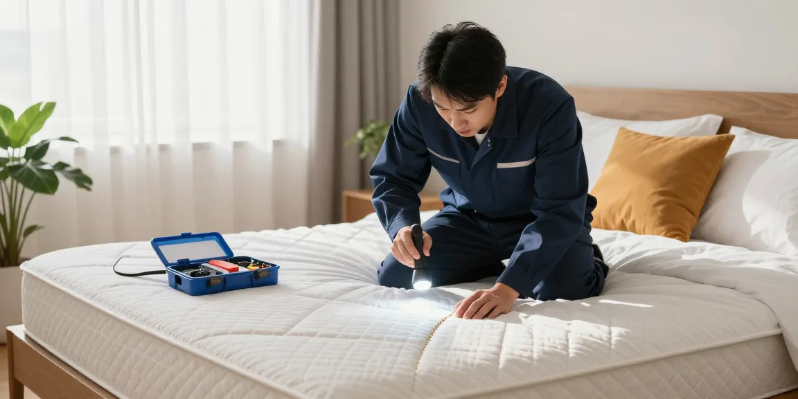Professional bed bug treatment inspection with exterminator examining mattress seams.