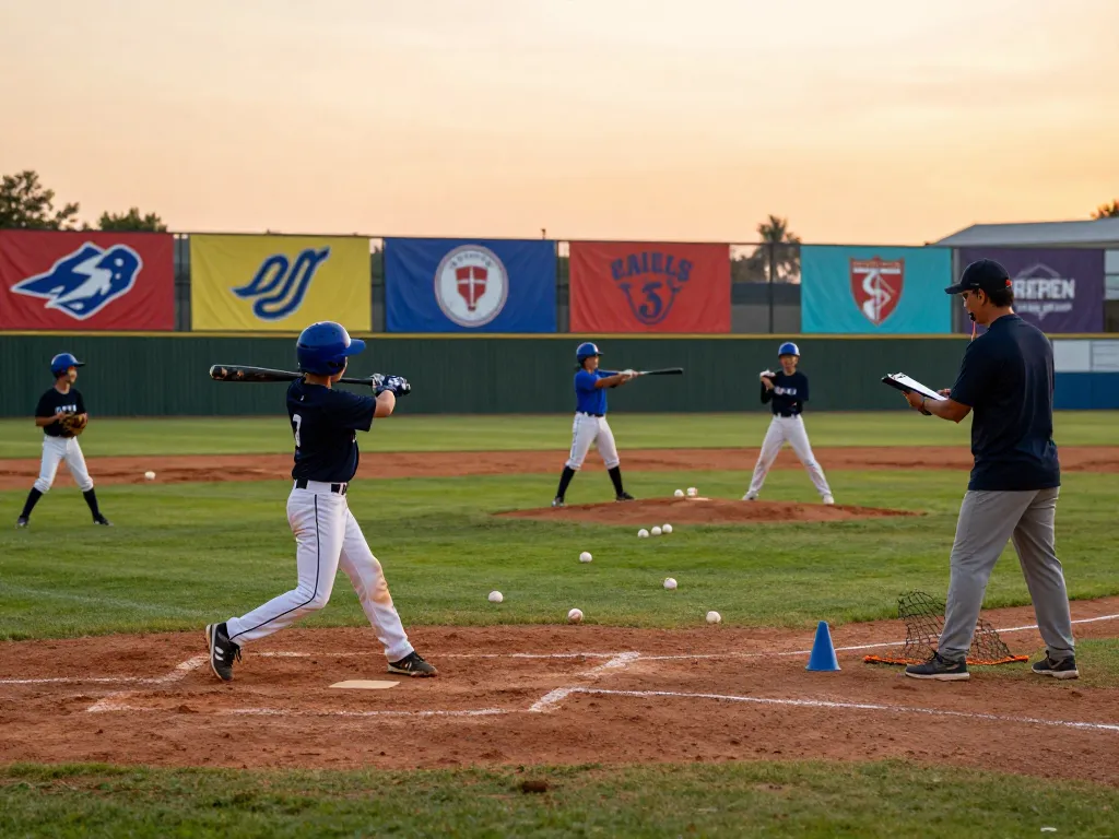 Young athletes training at hitclub baseball facility during sunset.