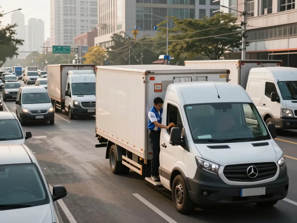 Transport solutions in action with a professional driver loading goods into a tracked delivery van.