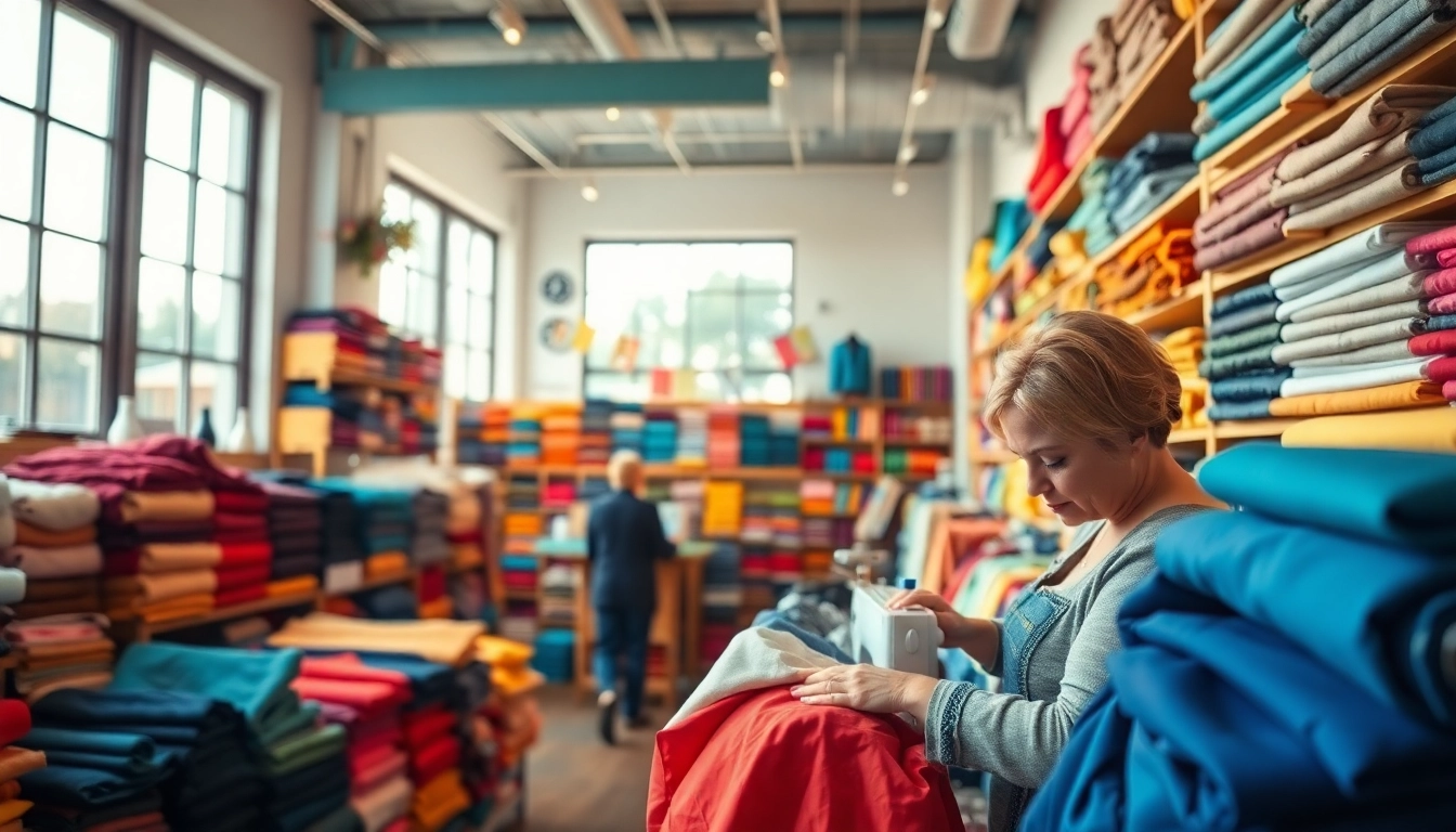 Bekijk stoffen winkel online met kleurrijke stoffen en naaiaccessoires in een uitnodigende sfeer.