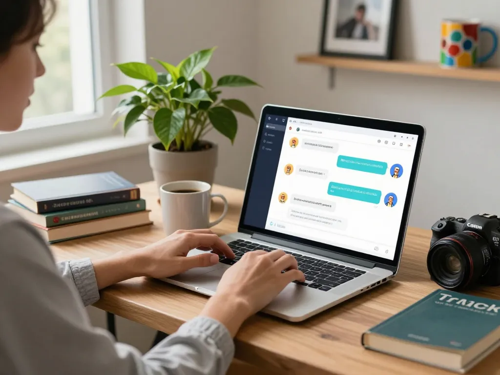 User interacting with a porn AI chat on a laptop in a cozy home office, enhancing personal engagement with technology.