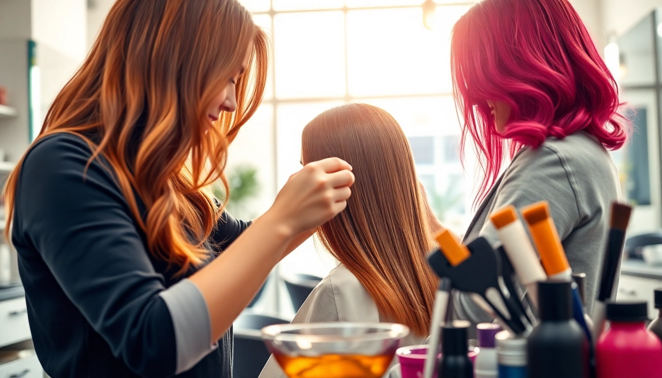 Hairfärg frisör: Professional hairstylist applying vibrant hair color in a modern salon.