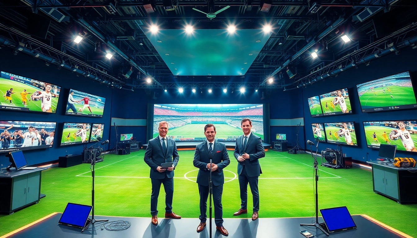 Engaging sports broadcasting studio showcasing presenters and high-tech equipment.
