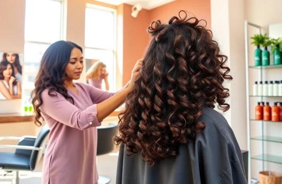 Stunning salon scene featuring a perm service in San Diego, with an eco-friendly focus on Aveda products.