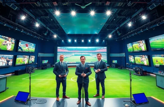 Engaging sports broadcasting studio showcasing presenters and high-tech equipment.