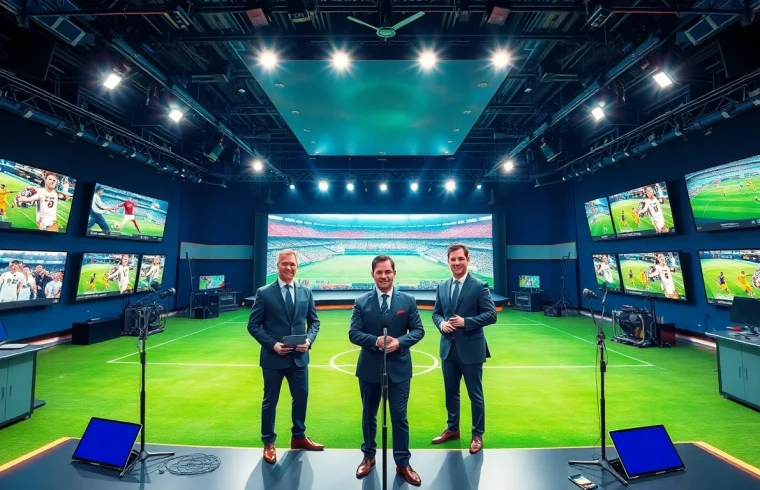Engaging sports broadcasting studio showcasing presenters and high-tech equipment.