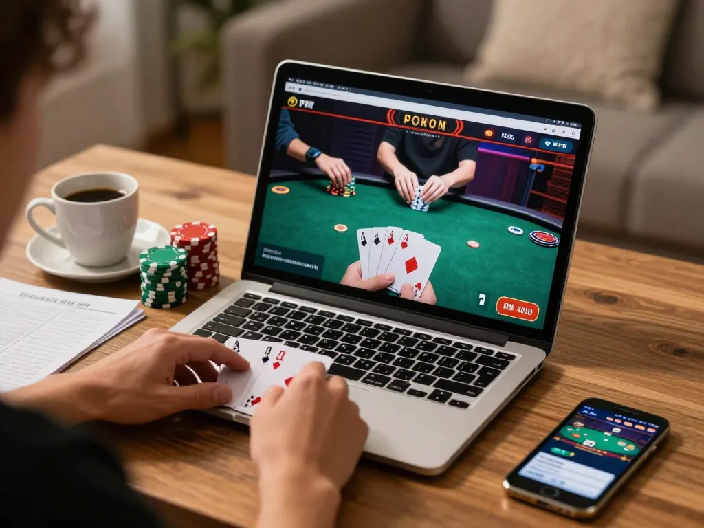 Engaging online poker game on a laptop at home, showcasing gameplay elements and responsible gambling practices https://fc88.baby.