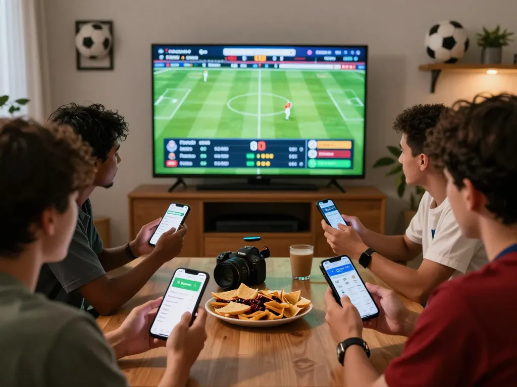 Friends excitedly following 1gom live betting odds during a football match in a lively atmosphere.