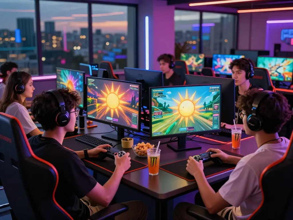 Friends enjoying a multiplayer gaming session on the sun win platform with illuminated screens and dynamic ambiance.