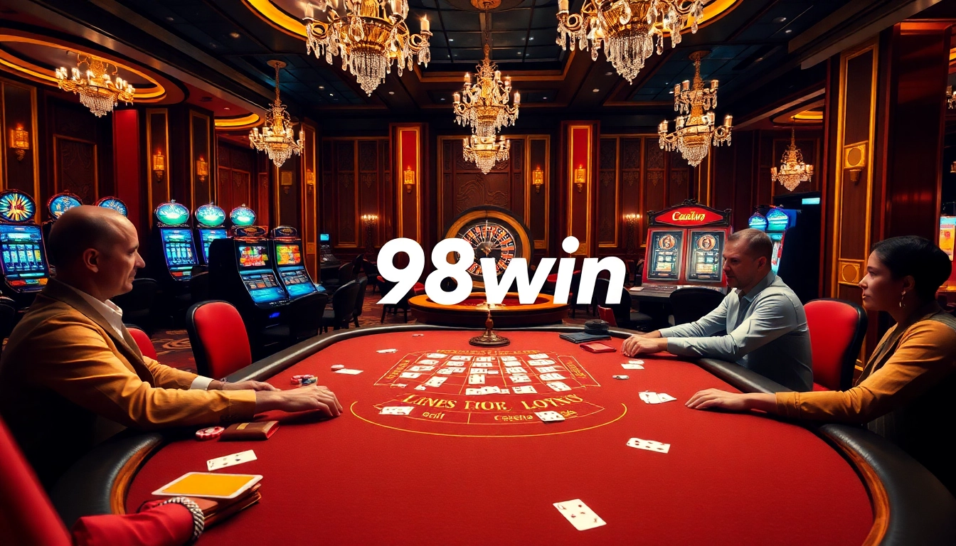Players experience thrilling moments at the 98win Blackjack table, surrounded by excitement and luxury.