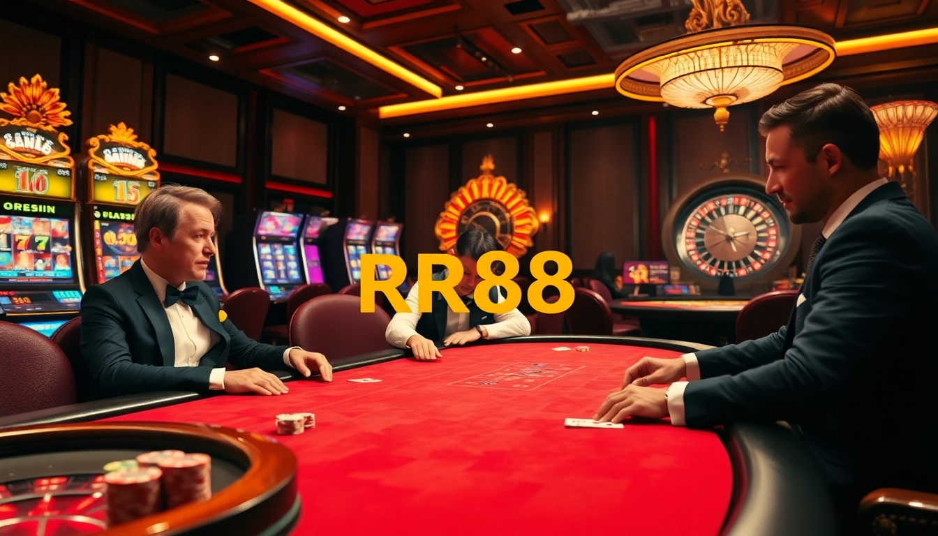 RR88 poker players strategizing in an elegant casino setting with vibrant slot machines in the background.