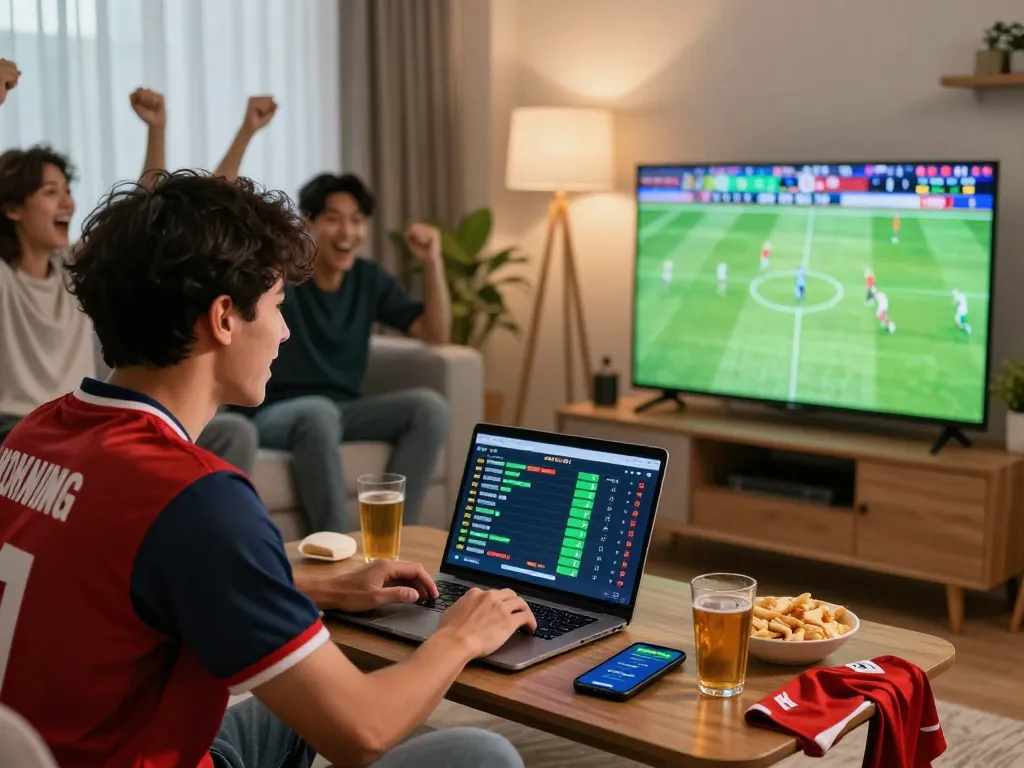 Young adults enjoying kèo bóng đá in a lively living room, cheering for their team.