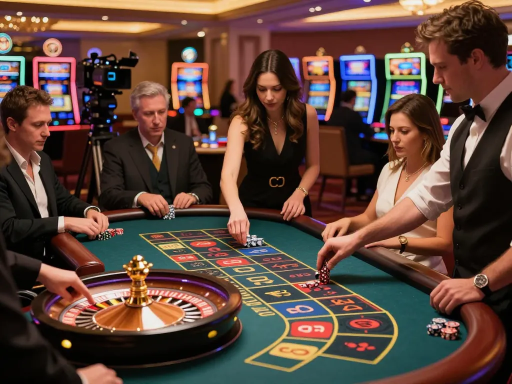 Engaged players placing bets at a luxurious roulette table at FC88 casino.