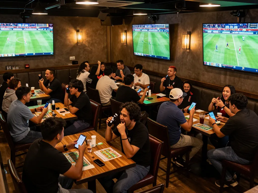 Penggemar yang bersemangat terlibat dalam judi bola di bar olahraga yang ramai dengan liputan pertandingan langsung.