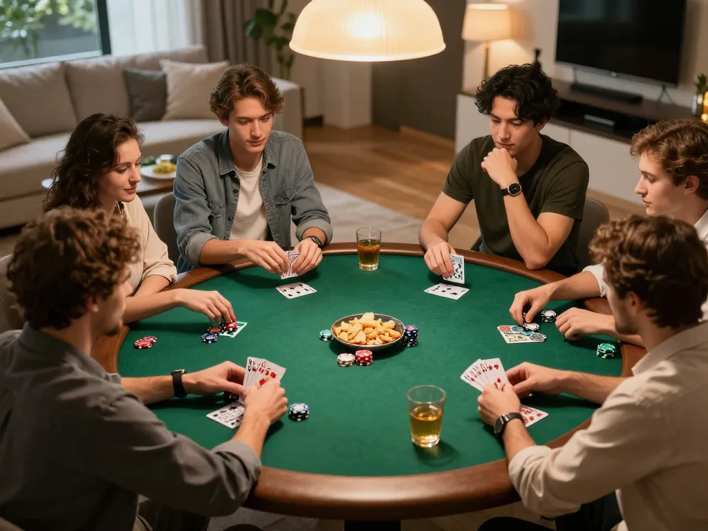 Malam poker SBOBET88 dengan teman-teman bermain kartu, chip ditumpuk di meja dalam suasana rumah yang nyaman.