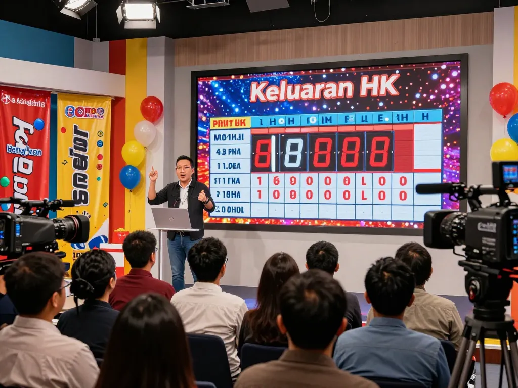 Acara undian Keluaran HK secara langsung dengan penonton yang bersemangat dan pembawa acara yang mengumumkan hasil lotere.