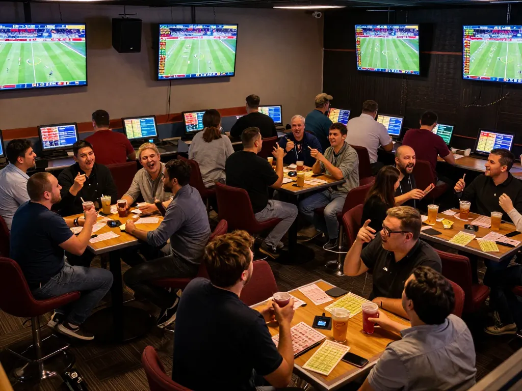 Tỷ lệ kèo nhà cái hôm nay shown in a lively sports betting lounge with fans engaged in betting excitement