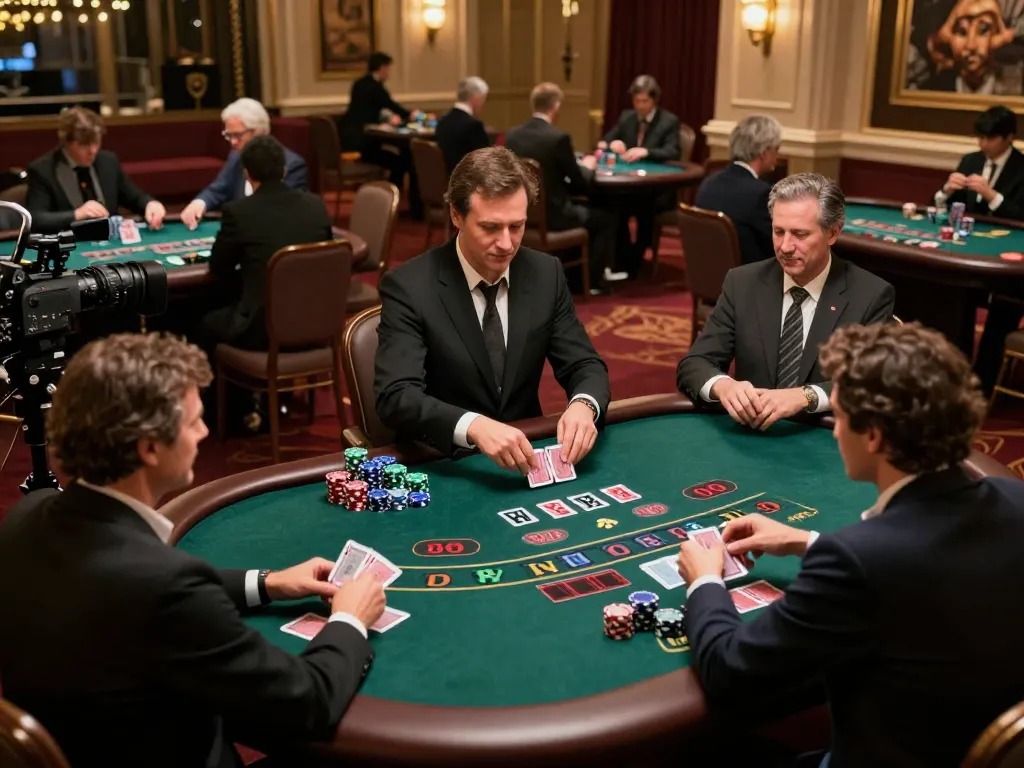 Các người chơi tận hưởng trò chơi blackjack tại sàn casino cao cấp 12bet với những lá bài và chip đầy màu sắc.
