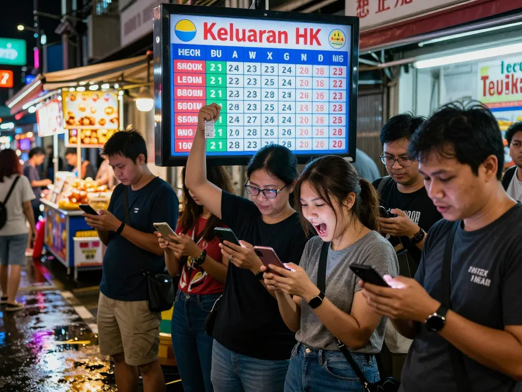Hasil Keluaran HK yang ditampilkan secara langsung di papan digital dalam suasana malam perkotaan yang dinamis, menggambarkan semangat di antara para petaruh.
