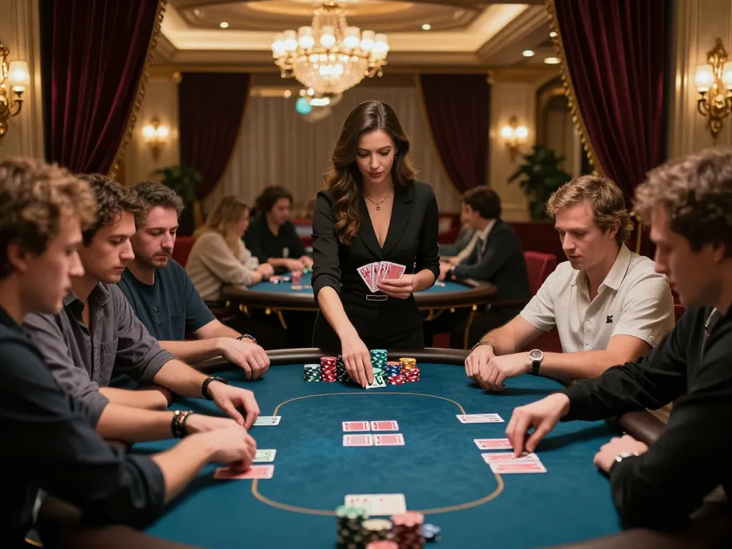 Players engage in an intense poker game at a luxurious casino, showcasing strategic moments with sunwingo emphasis.