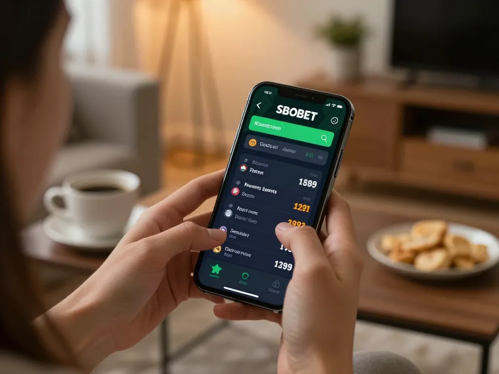 Pengalaman aplikasi SBOBET yang menampilkan taruhan olahraga di smartphone dalam suasana rumah yang nyaman
