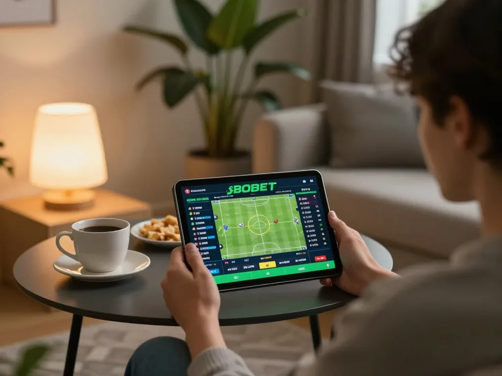 Taruhan online SBOBET ditampilkan di tablet saat seseorang menikmati pengaturan permainan di rumah yang nyaman