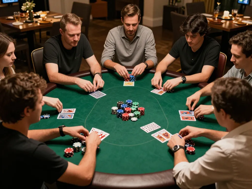 Players strategizing with hytw3339 poker chips in an engaging home game night atmosphere.
