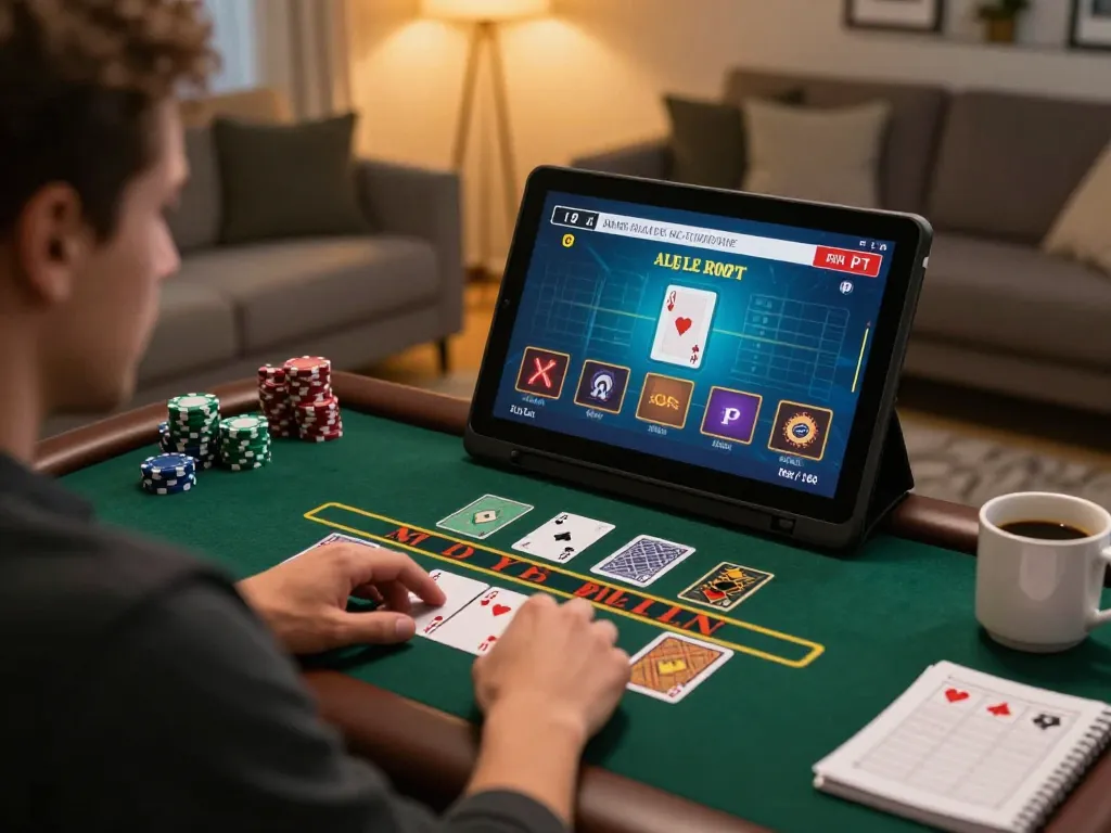 uu88 player engaged in strategic online blackjack at home, showcasing immersive gaming experience.