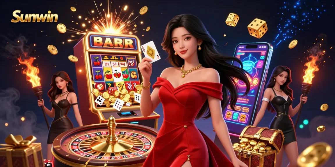 Engage with Sunwin's exciting casino games featuring a confident player and dynamic gaming elements.