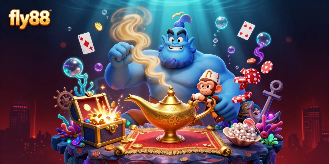 Experience the thrill of fly88 with a vibrant casino scene featuring a genie, poker chips, and treasure.