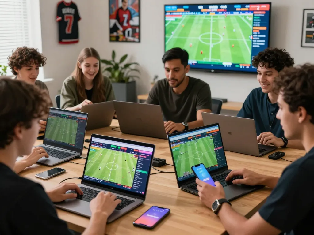 Engaged bettors using OKFUN for live sports betting on multiple devices.