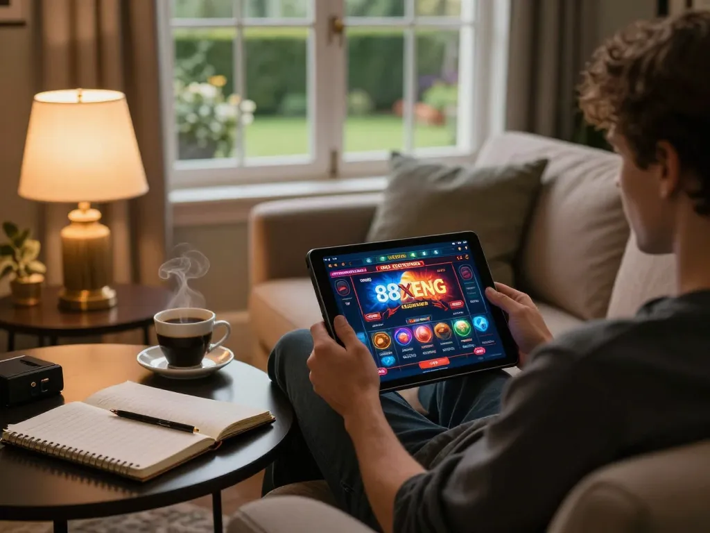 Engaging in online gaming with 88xeng on a cozy tablet-friendly setup at home.