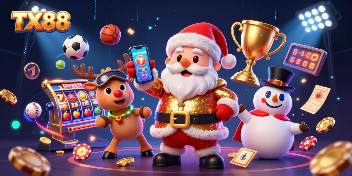 Experience the excitement of TX88 jackpots with Santa and friends in a vibrant casino scene.