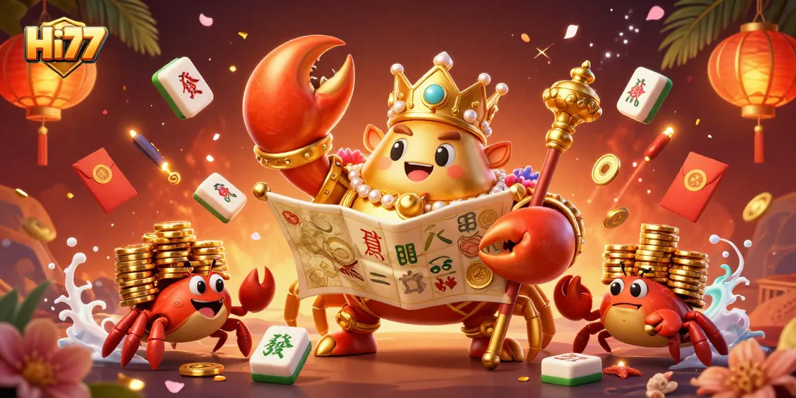Engage with Hi77's captivating gaming universe featuring a golden crab emperor and dynamic gambling symbols.