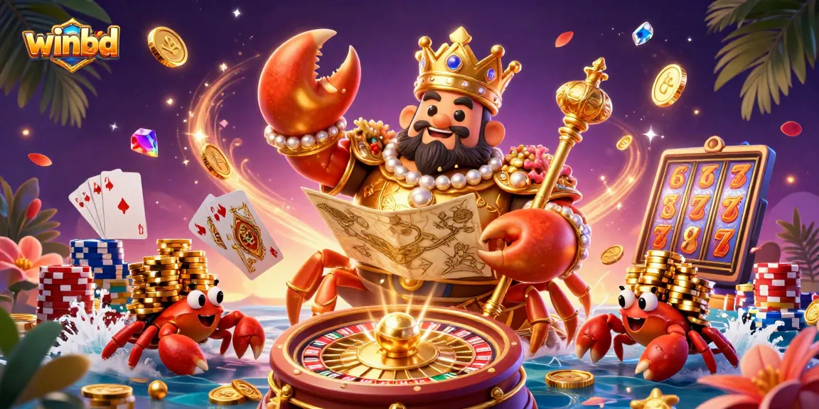 Engage with winbd's dynamic casino scene featuring the golden crab emperor amidst vibrant slots and gaming elements.