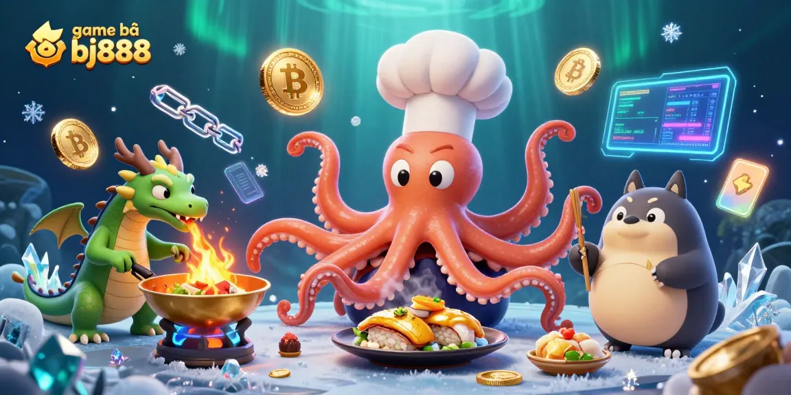 Experience thrilling game bài bj888 with an octopus chef and dragon in an exciting vibrant scene.