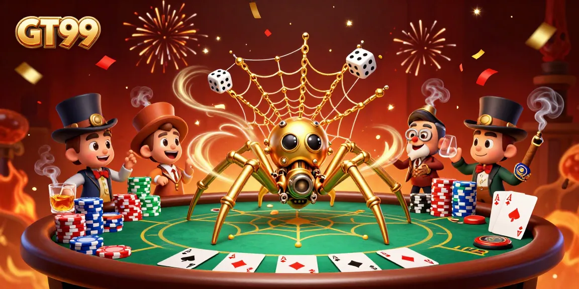 Spin to win on GT99 with an engaging 3D steampunk-themed illustration of a spider and poker elements.