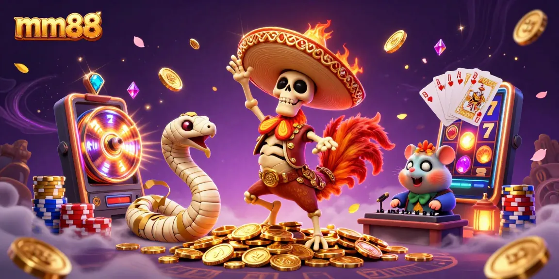 Engage with mm88 slot machines featuring a skeleton mariachi rooster on golden coins in a dazzling casino scene.