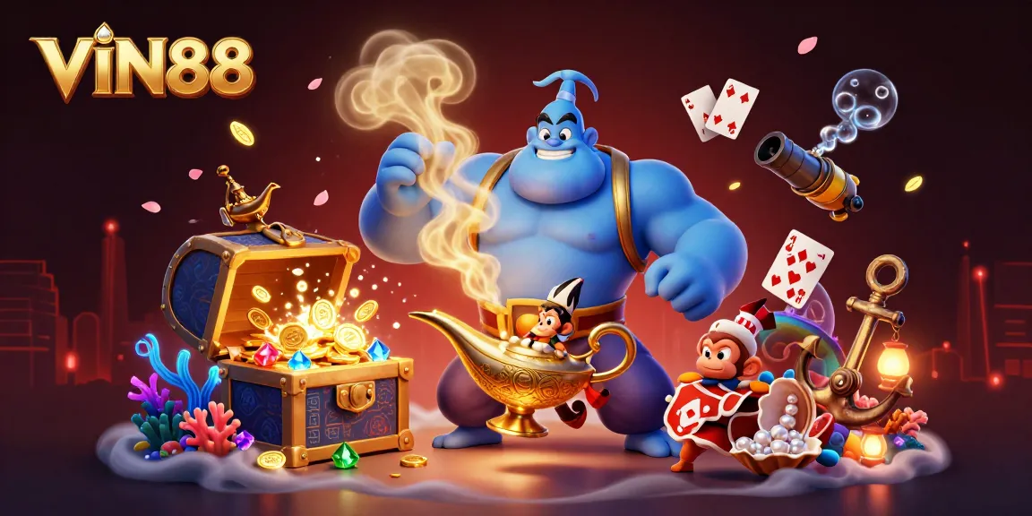 Engage with VIN88 gaming adventures, featuring a dynamic genie, poker chips, and treasure elements.