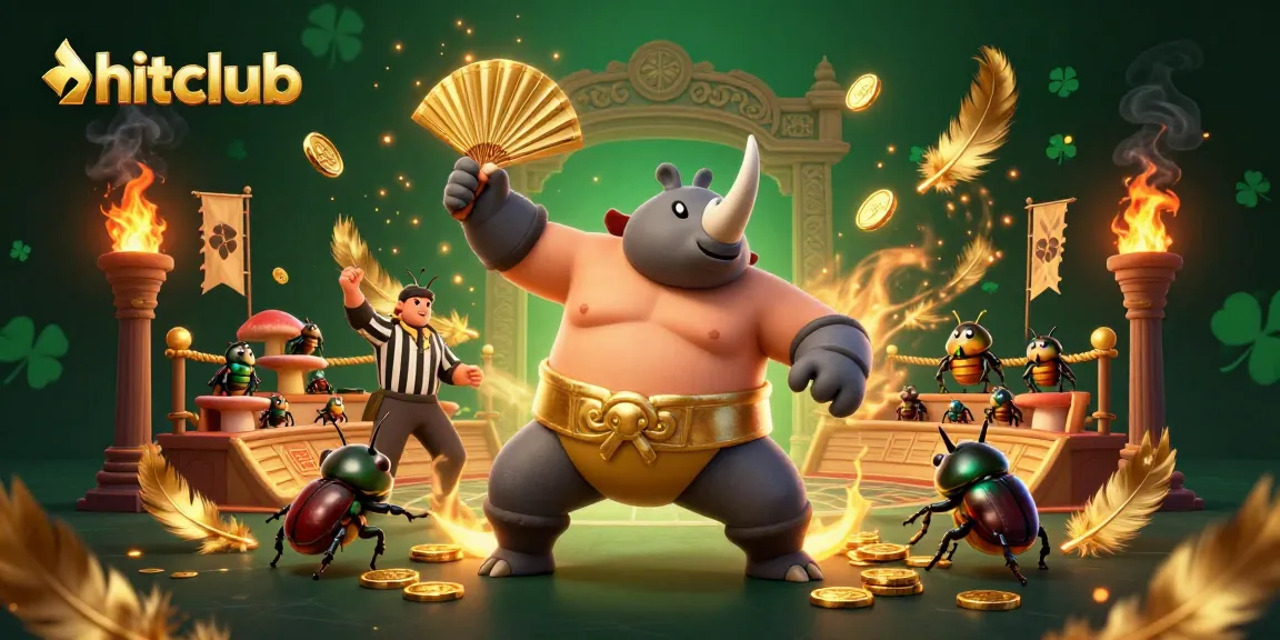 hitclub features a vibrant casino atmosphere with a sumo champion beetle and dynamic game elements.